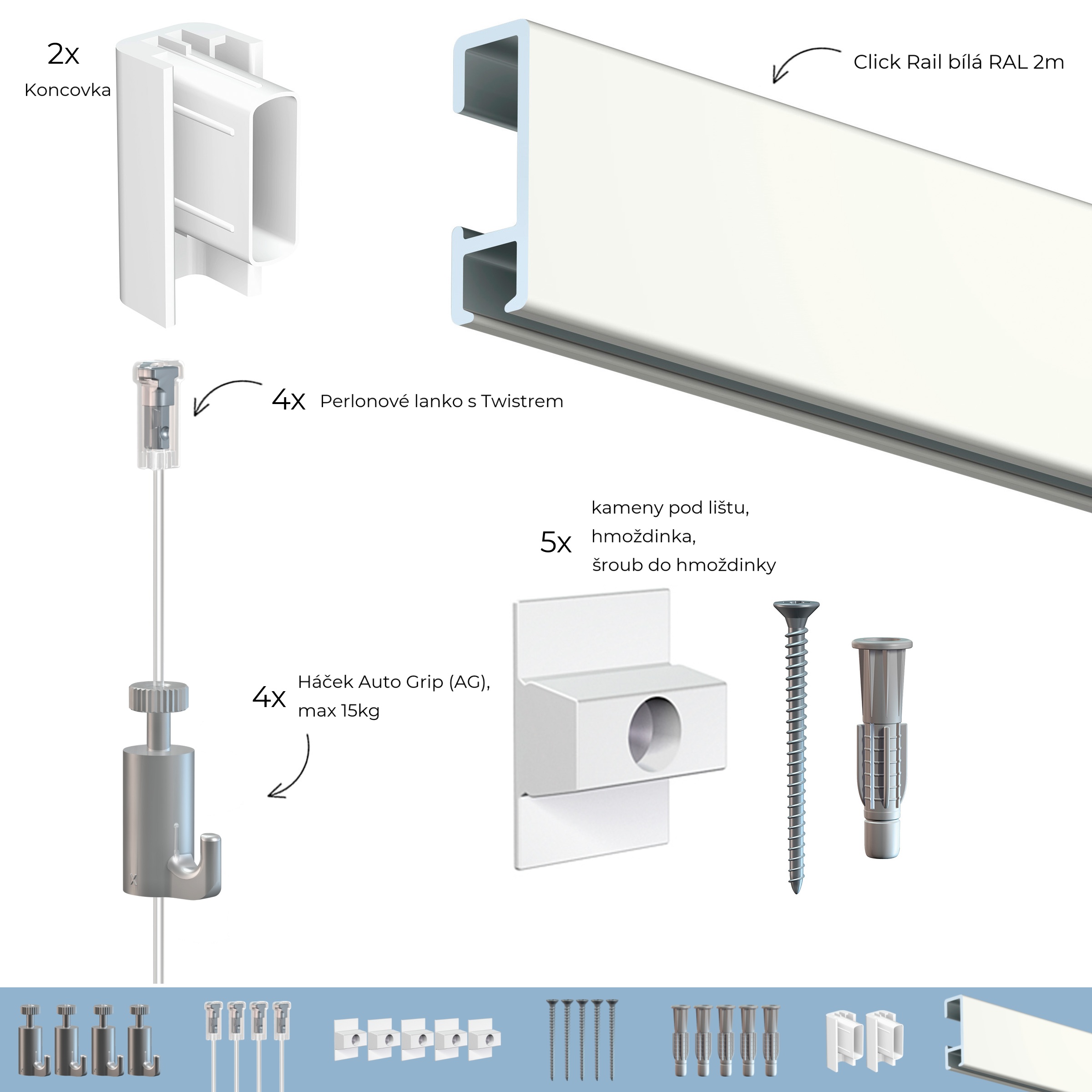 Závěsný systém na obrazy - SET Click Rail bílá RAL 9010 2m (4x perlon 4xAG)